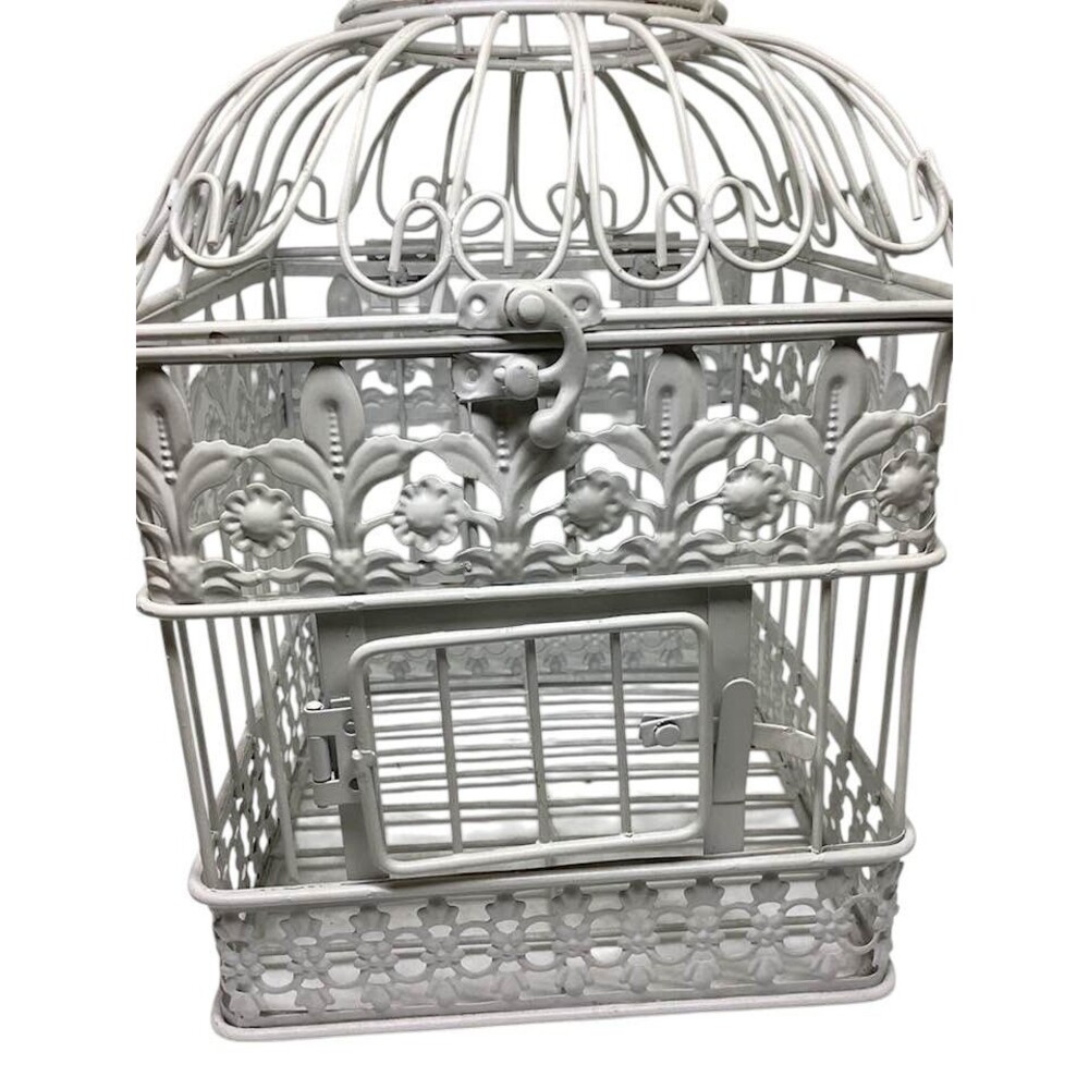 Ornate Metal Cream White Bird Cage Decor Hanging Latch Close Flip Top Wedding - Picture 5 of 9
